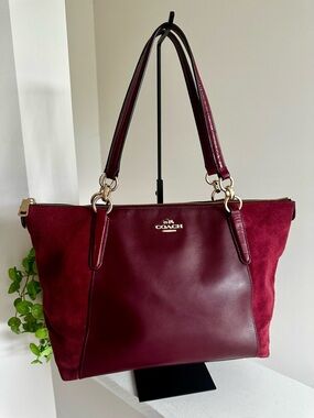 Coach Ava Burgundy Leather & Suede Tote with Gold Hardware